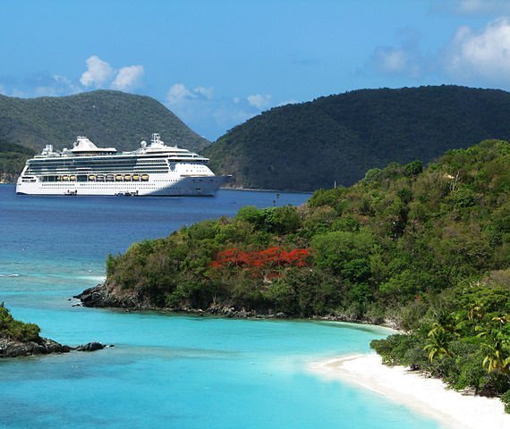 beautiful view of shoreline and cruise ship