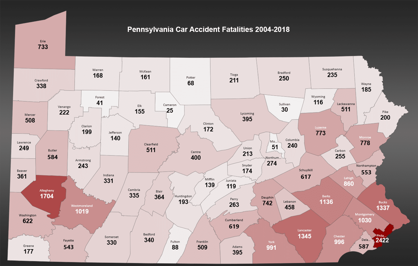 map of Pennsylvania car accident fatalities 2004-2018